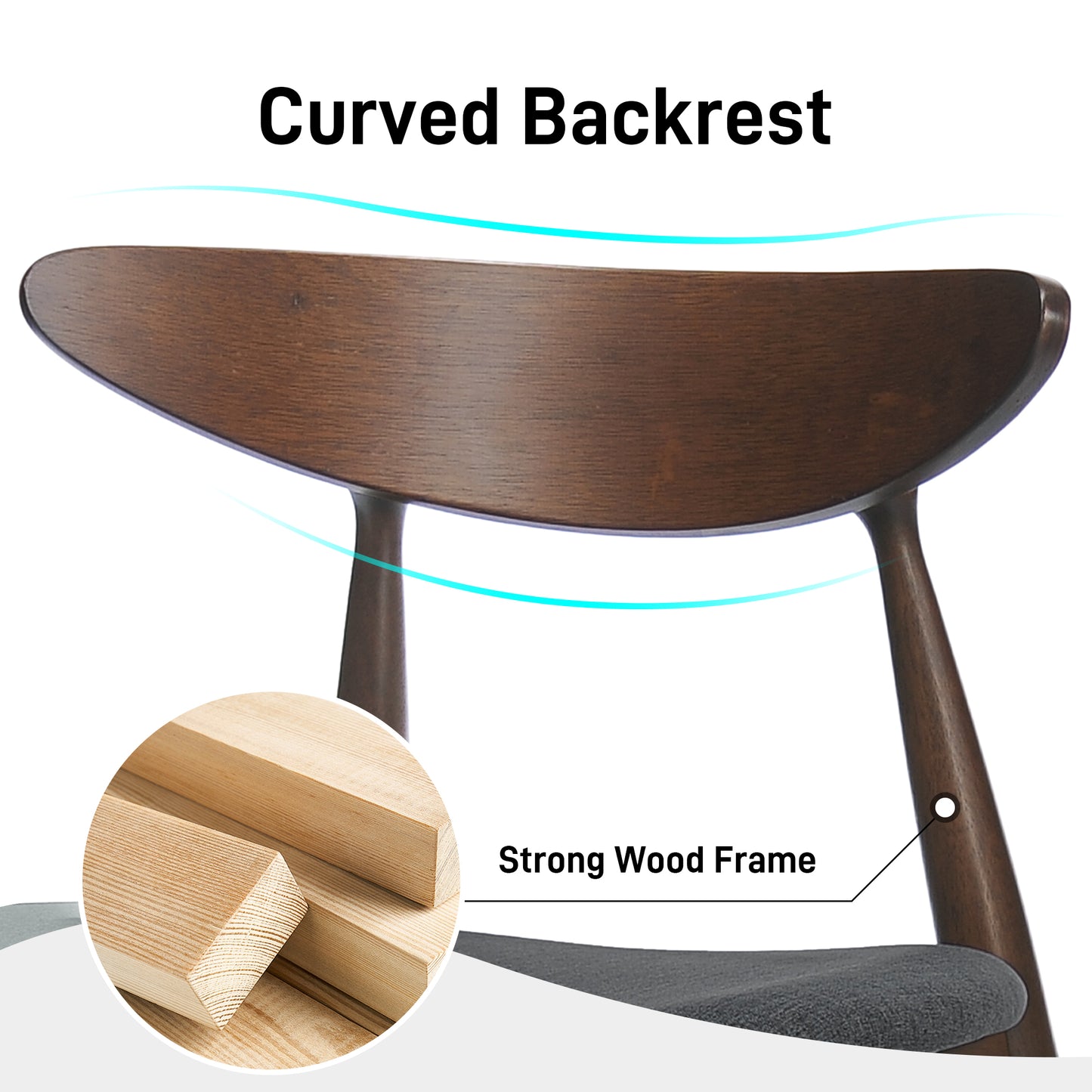 Set Of 2 Retro Rubberwood Chairs With Ergonomic Back & Plush Cushions, Walnut-Charcoal