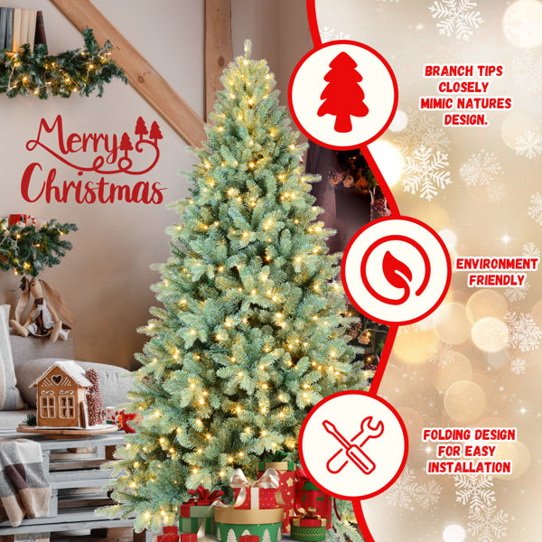 Artificial 7.5ft Blue Green Tint Christmas Tree With 2148 PE PVC Mixed Branch Tips, Memory Wire Iron Wire, Hinged Premium & Foldable Base For Indoor Holiday Decorating
