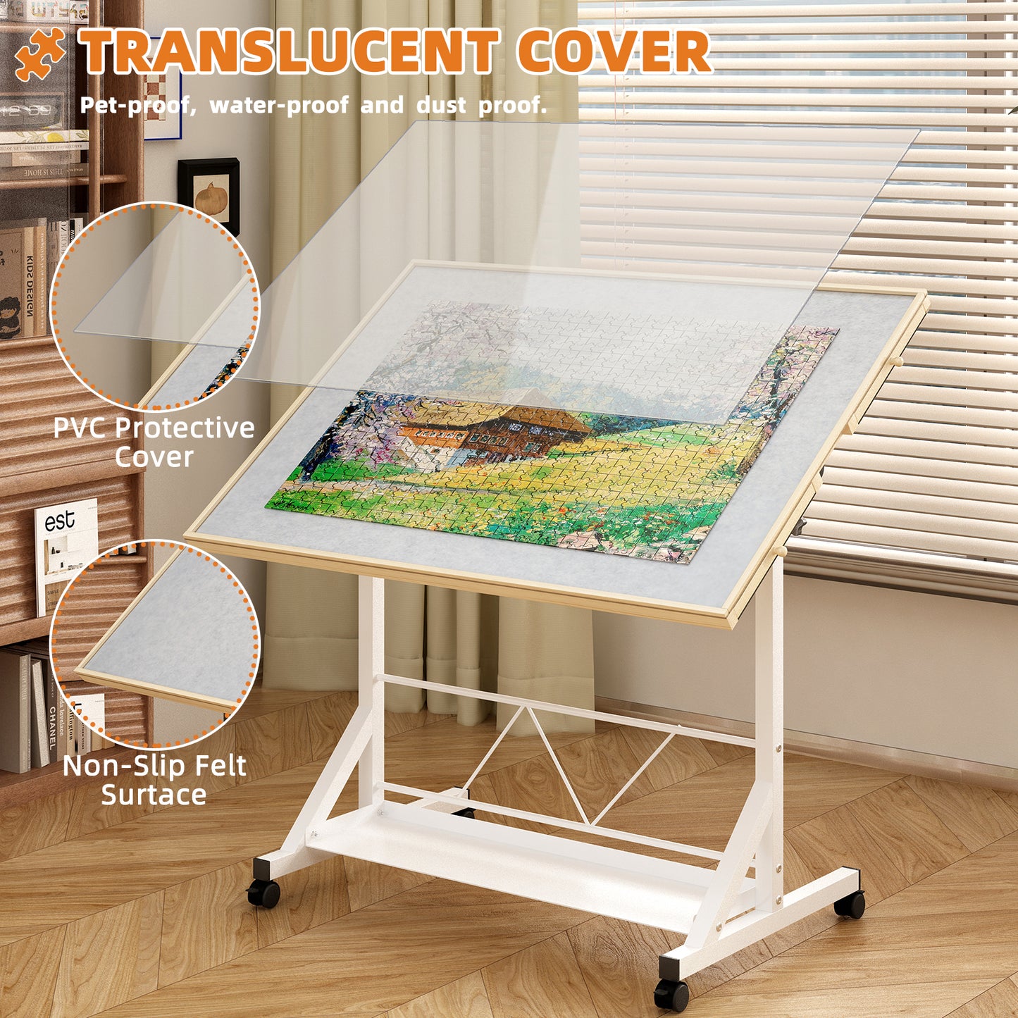 WHITE Wooden 1500 Piece Puzzle Table With Drawer, 35x27.17 Adjustable Puzzle Table, 360 Tilting Puzzle Table With Legs And Wheels, Adjustable Height And Angle, With Protective Cover