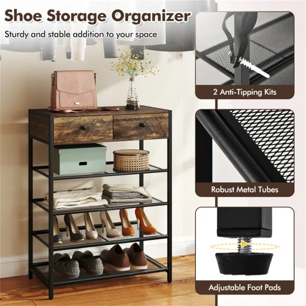 Multifunctional Entryway Storage - 5-Hook Coat Rack 2-Drawer Shoe Stand With 4 Mesh Shelves