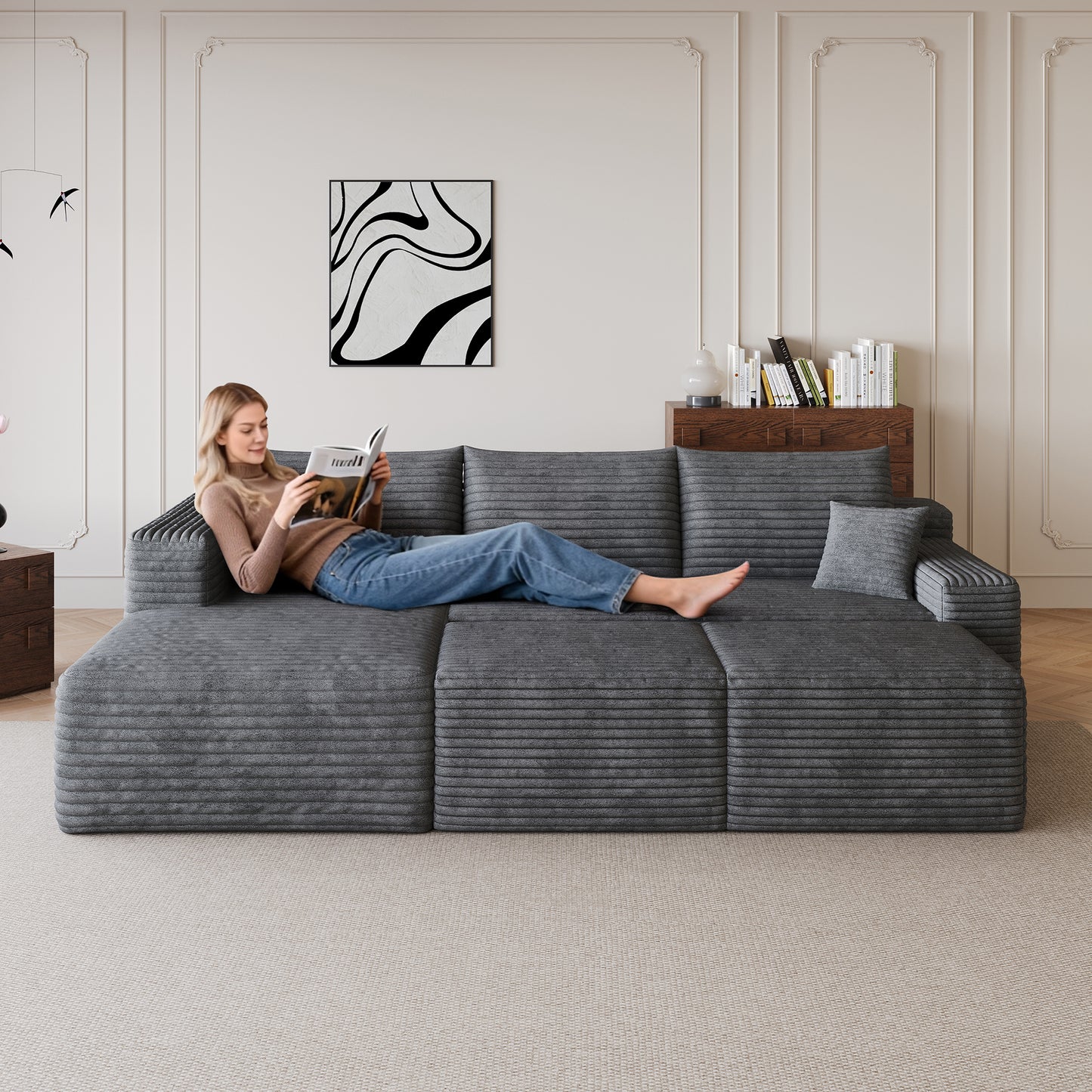 95 Cloud Sectional Sofa With 2 Ottoman,Modern Minimalist Upholstered Couches, Comfort U Shaped Sofa For Living Room,Deep Seat Corner Couch,No Assembly Required,Dark Grey Plush Corduroy Fabric