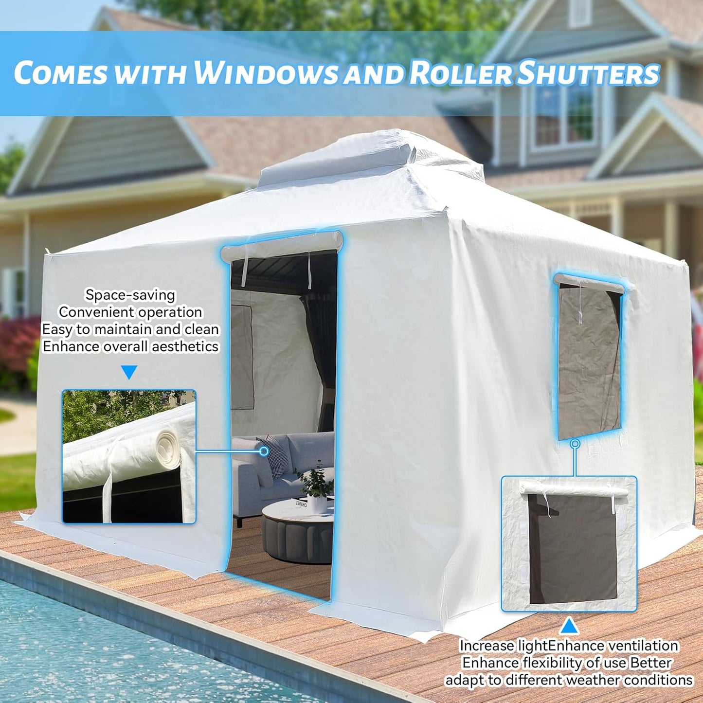 12 X12 Gazebo Cover For Hardtop Gazebos, Outdoor Universal Winter Gazebo Cover With Sidewalls And Mesh Windows, All Season Waterproof Enclosed Gazebo Cover, White