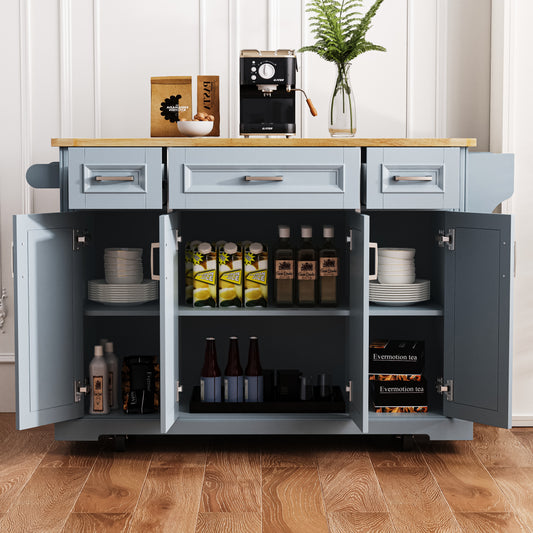 K&K 54inch Large Kitchen Island With Rubber Wood Drop Leaf, Embossed Texture Rolling Kitchen Cart On 4 Wheels With 4 Doors And 3 Drawers, Kitchen Island With Storage For Kitchen, Dining Room,Grey Blue