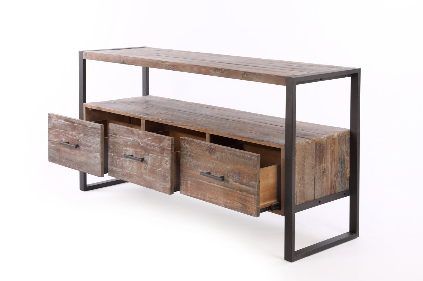 60 Inch Reclaimed Wood Media TV Console Table With 3 Drarwer, Open Shelf, Antique Finish