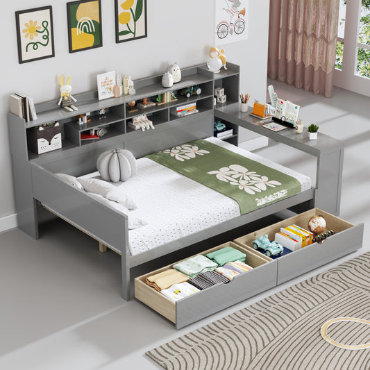 Wooden Full Size Daybed With Storage Shelves, Multi-functional Bed With Two Storage Drawers And Study Desk, Gray