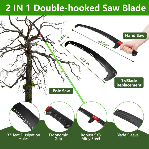 2-in-1 Manual Pole Saw 8.23-15.12FT Extendable Tree Pruner - SK5 Steel Pruner, Double-Hooked Saw Blade, Oxford Storage Bag , Goggles,Gloves For Tree Trimming