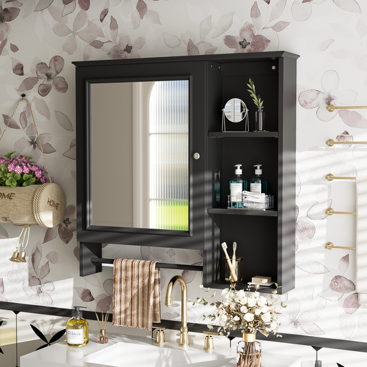 Wall Mounted Bathroom Storage Cabinet, Medicine Cabinets With Large Mirror Door, Adjustable Shelves And Three Open Storage Levels Not Include Bathroom Vanity