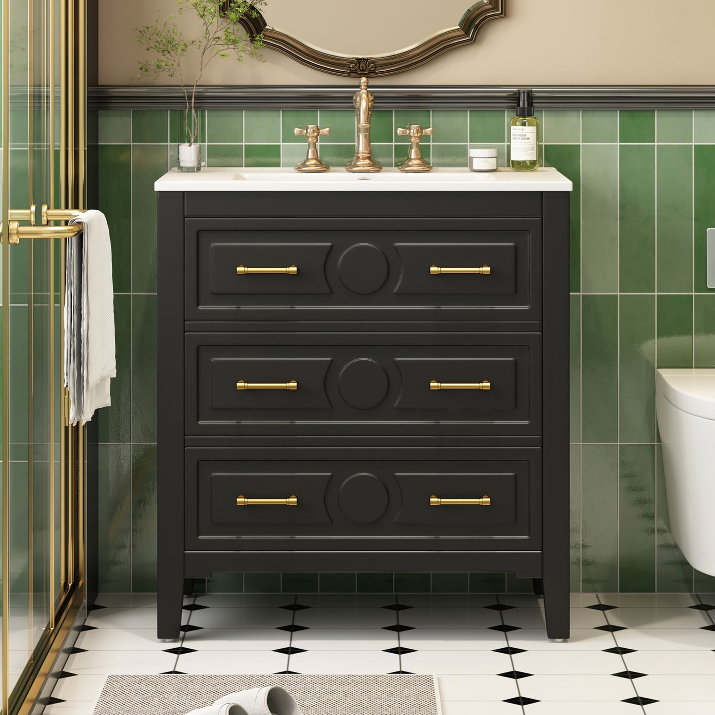 30 Bathroom Vanity With Ceramic Sink Combo, Free Standing Single Vanity Set With 3 Drawers, Solid Wood Frame Bathroom Storage Cabinet, Black