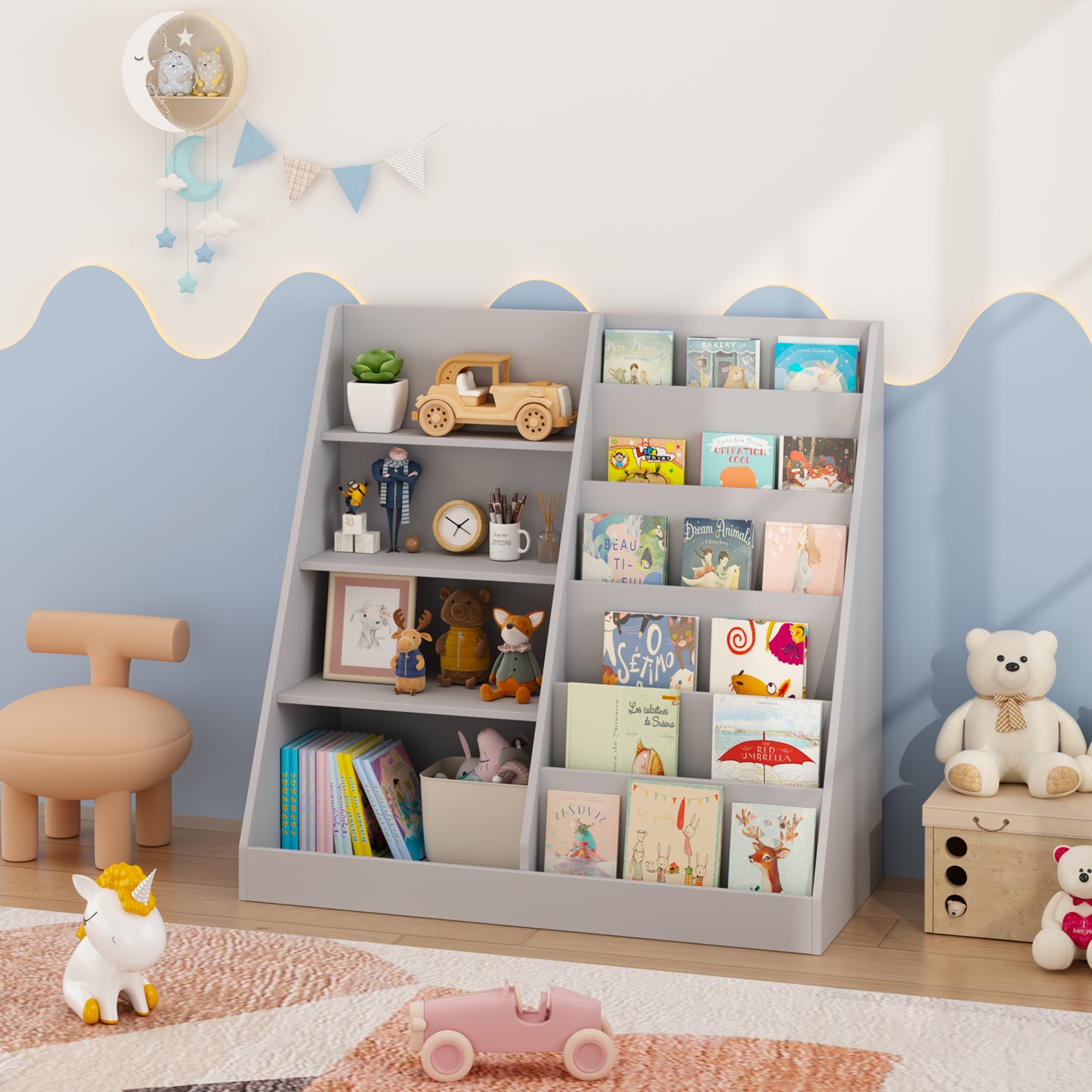 Kids Bookshelf And Toy Storage Organizer, Multifunctional 4 Tier Wooden Kids Book Shelf With Bookcase Display Stand In Kids Room Playroom Nursery For Kids, Children, Toddlers Gray