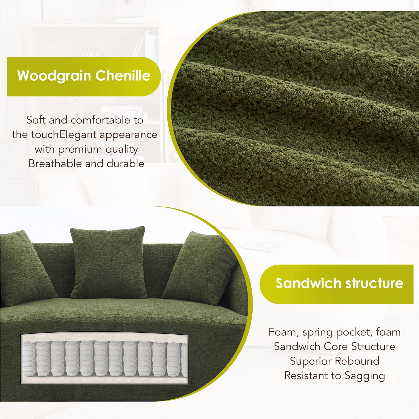 LY-049S Curved Modern Boneless Sofa Loveseat Backrest Upgrade 2-Seater Green Chenille Compression Couch With 3 Pillows Minimalist Modular Couches For Living Room Office Apartment Guest Room