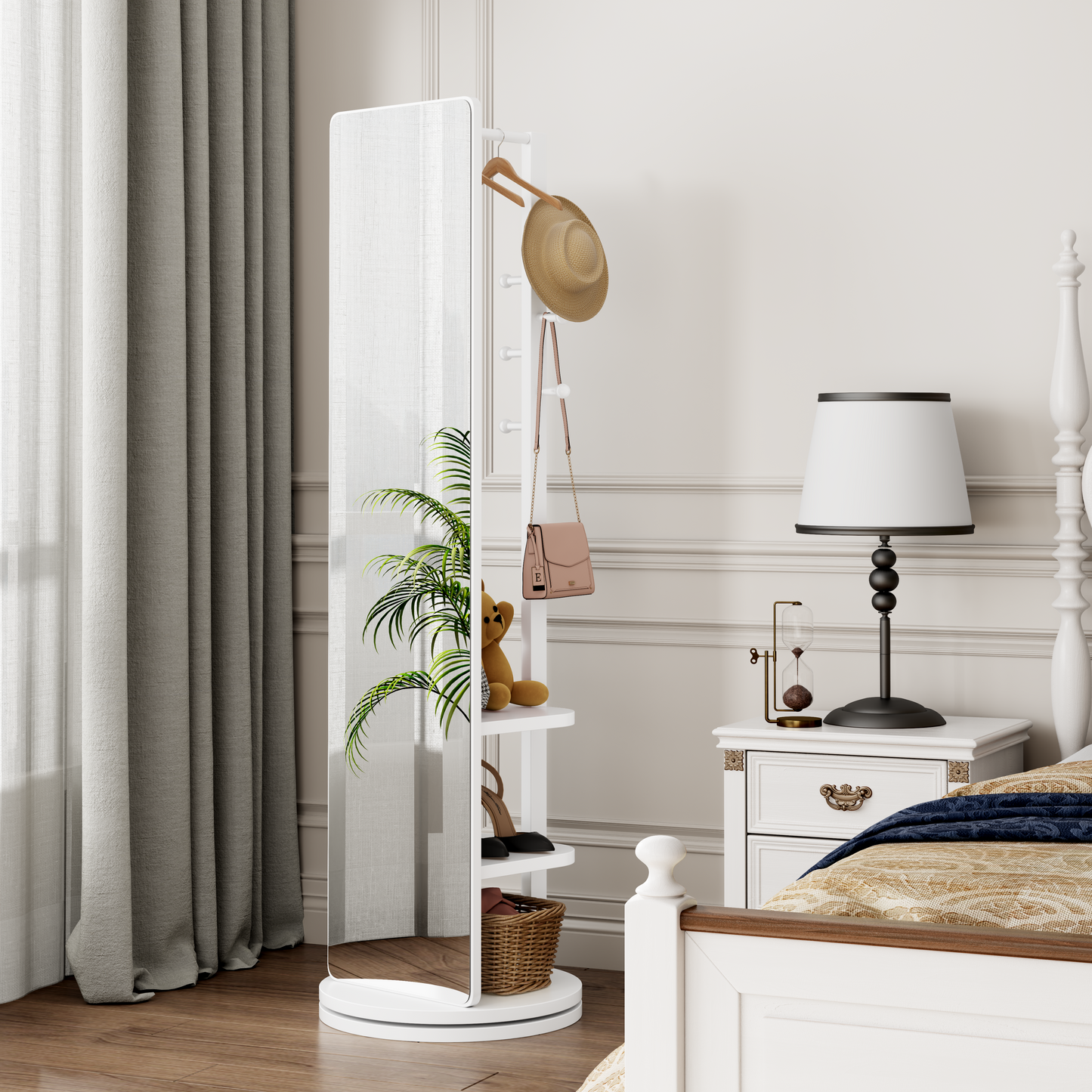 360 Rotating 69x20 Multifunctional Full Length Mirror With Hook Storage Rack Coat Rack With Mirror Solid Wood Floor Mirror Bedroom Living Room Cloakroom Space Saving White