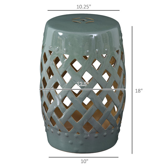 13" X 18" Ceramic Garden Stool With Woven Lattice Design & Glazed Strong Materials Decorative Outdoor Stool, Green