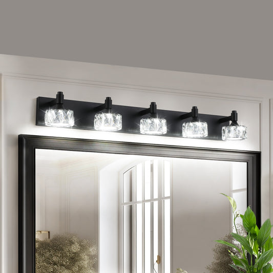 Modern 5-Light Matte Black LED Vanity Light Fixture With Crystal Glass Shades, Bathroom Wall Sconce For Elegant And Contemporary Home Decor