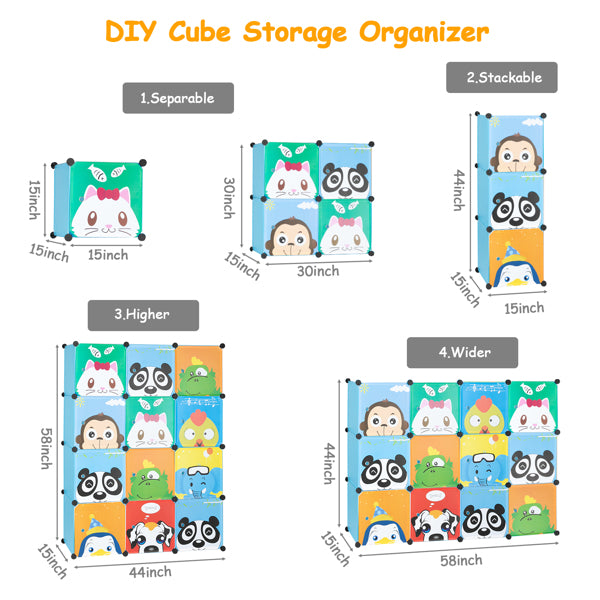 4-layer 12-compartment 2-hanging-bar Modular Wardrobe With Plastic And Steel Wire Materials Featuring Animal Patterns. The Door Has A Floral Design And The Cabinet Body Is Blue.