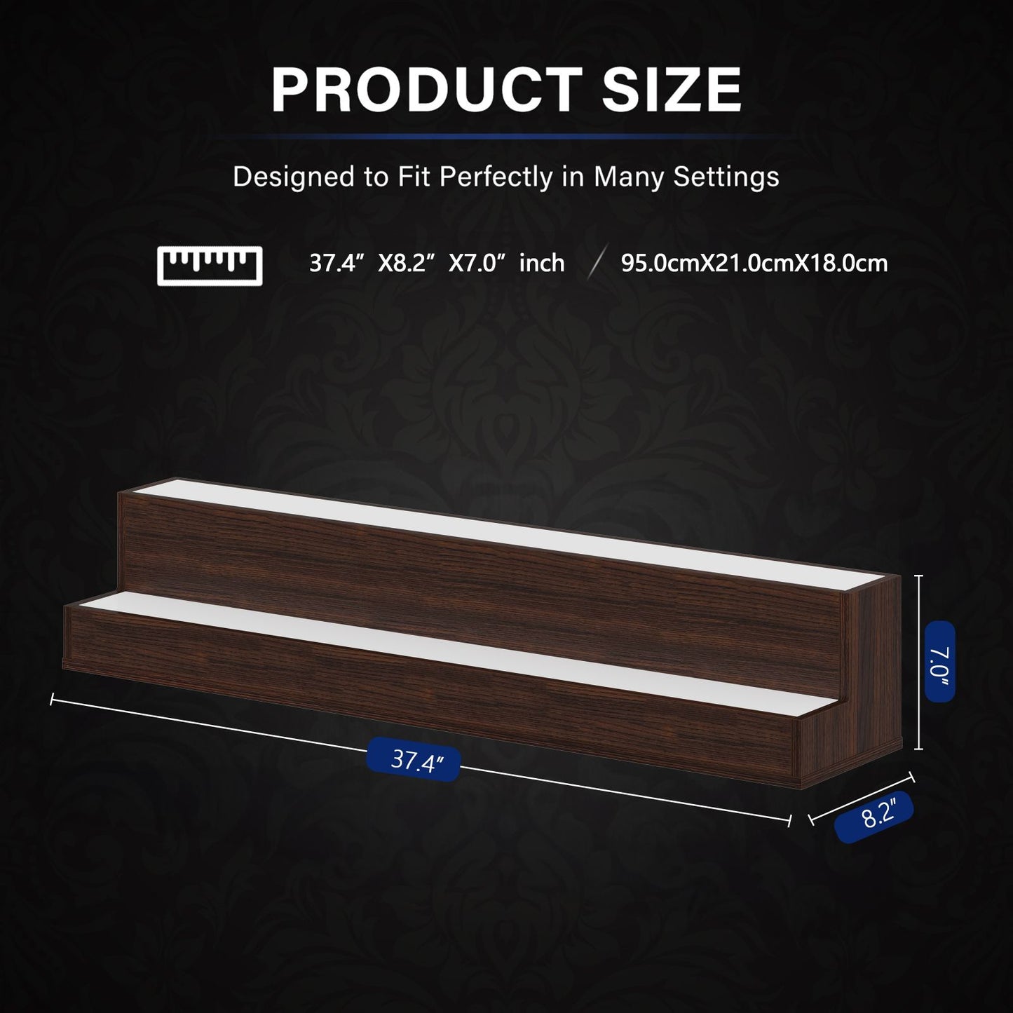 LED Lighted Liquor Bottle Display Shelf, 37 Inch Bar Display Shelf, DIY Illuminated Bottle Shelf With App & Remote Control, 2 Step Freestanding Holding Bottles For Home Bar, Party, Walnut