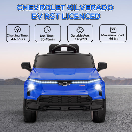 12V Chevrolet Silverado EV RST Licensed Kids Electric Car With Parent Remote Control, Spring Suspension, Blue