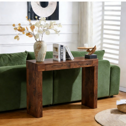 Elegant Natural Walnut Wood Grain Bar Table -50 Inches Long, A Practical Choice For Modern Home Decor. Walnut Wood Grain Texture Veneer, Equipped With Double Drawers, Can Be Used As Both A Bar Counter