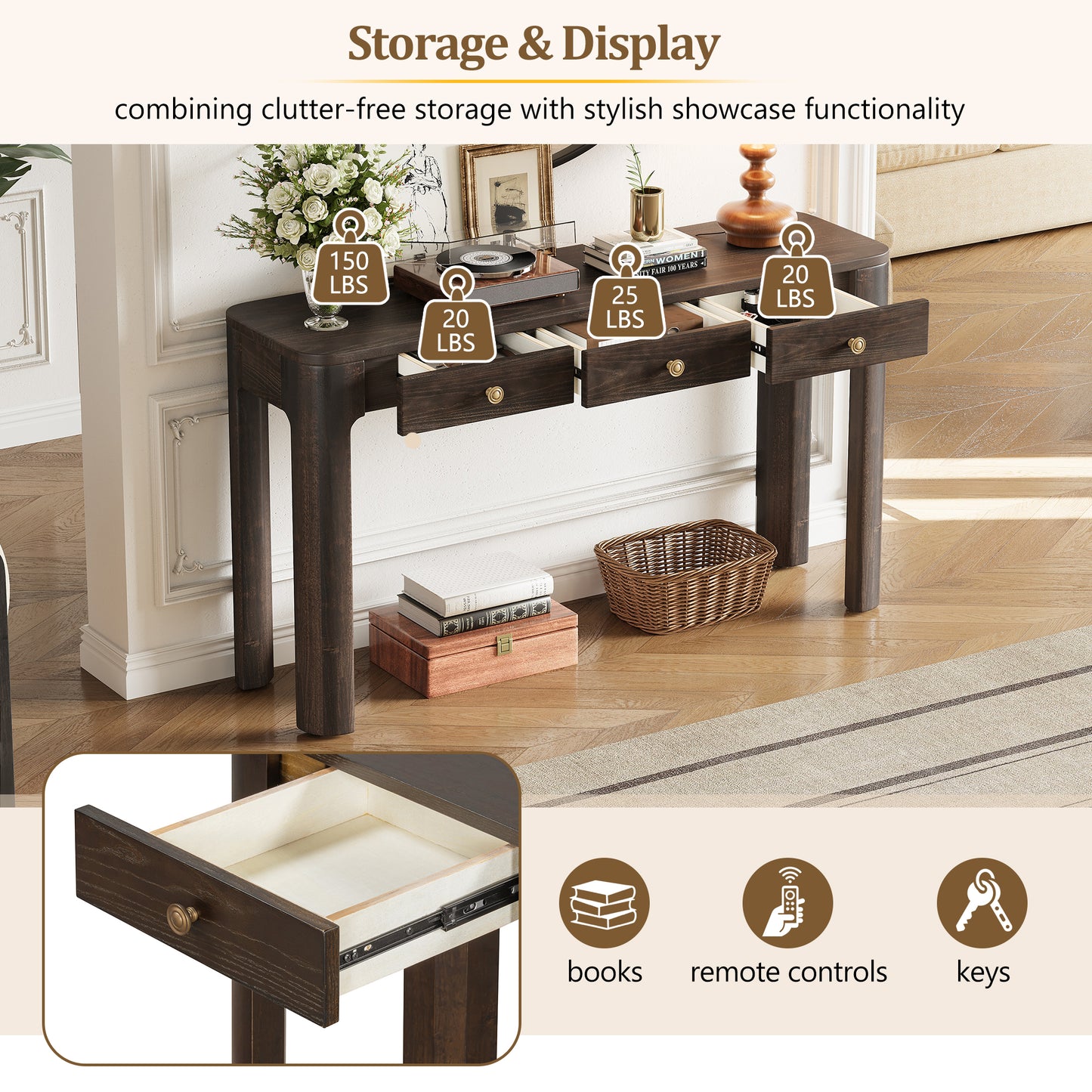 TREXM Rustic Console Table With Curved Corners For Safety Entryway Table With 3 Concealed Drawers Sturdy Sofa Table With Thick Legs For Hallway & Living Room Espresso