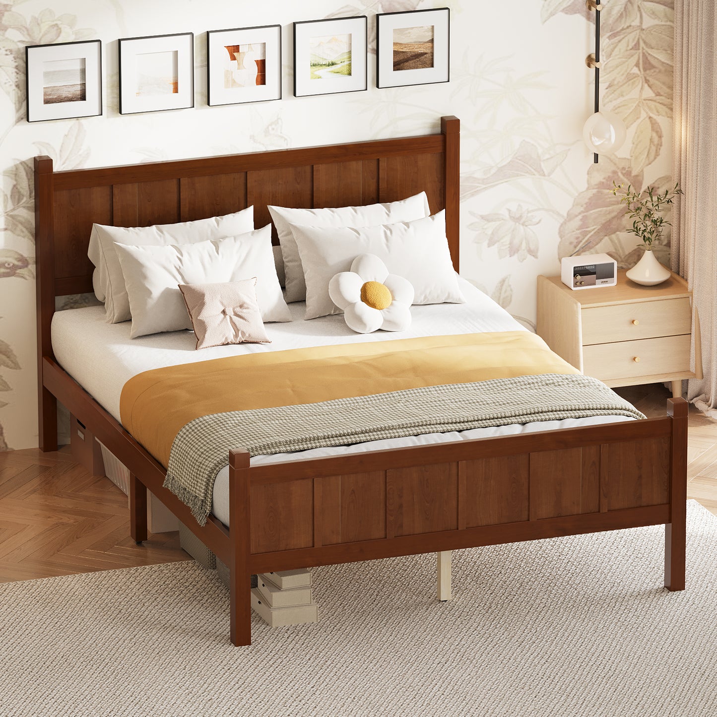 Full Size Flat Panel Bed With Headboard & Footboard, Minimalist Modern Platform Bed With Wood Grain Finish, Shaker And Farmhouse Style Design, Sleek And Functional Bedroom Furniture,Dark Walnut