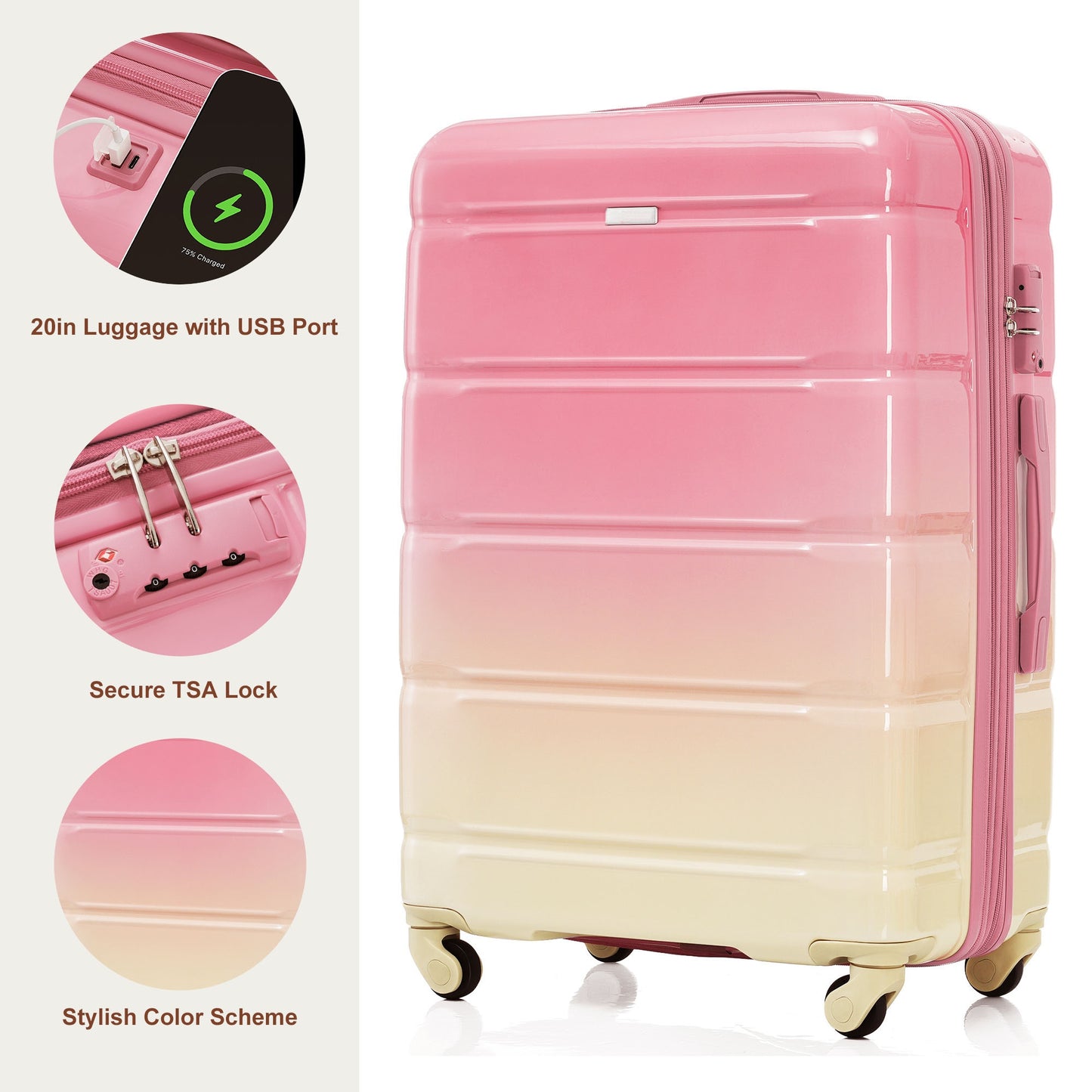 Luggage Sets 5 Piece, 20-inch With USB Port, ABS Durable Suitcase With Travel Bag, ABS PC Hard Shell Luggage With Spinner Wheels,