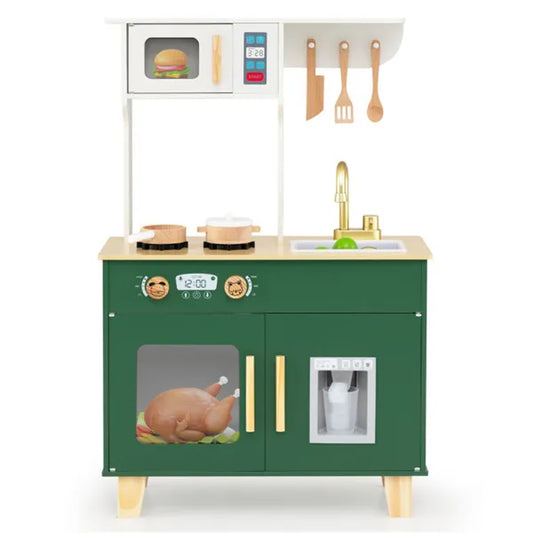 Green Kids Play Kitchen With Realistic Faucet & Ice Dispenser, Anti-Tipping Pretend Cooking Set For Ages 3-6