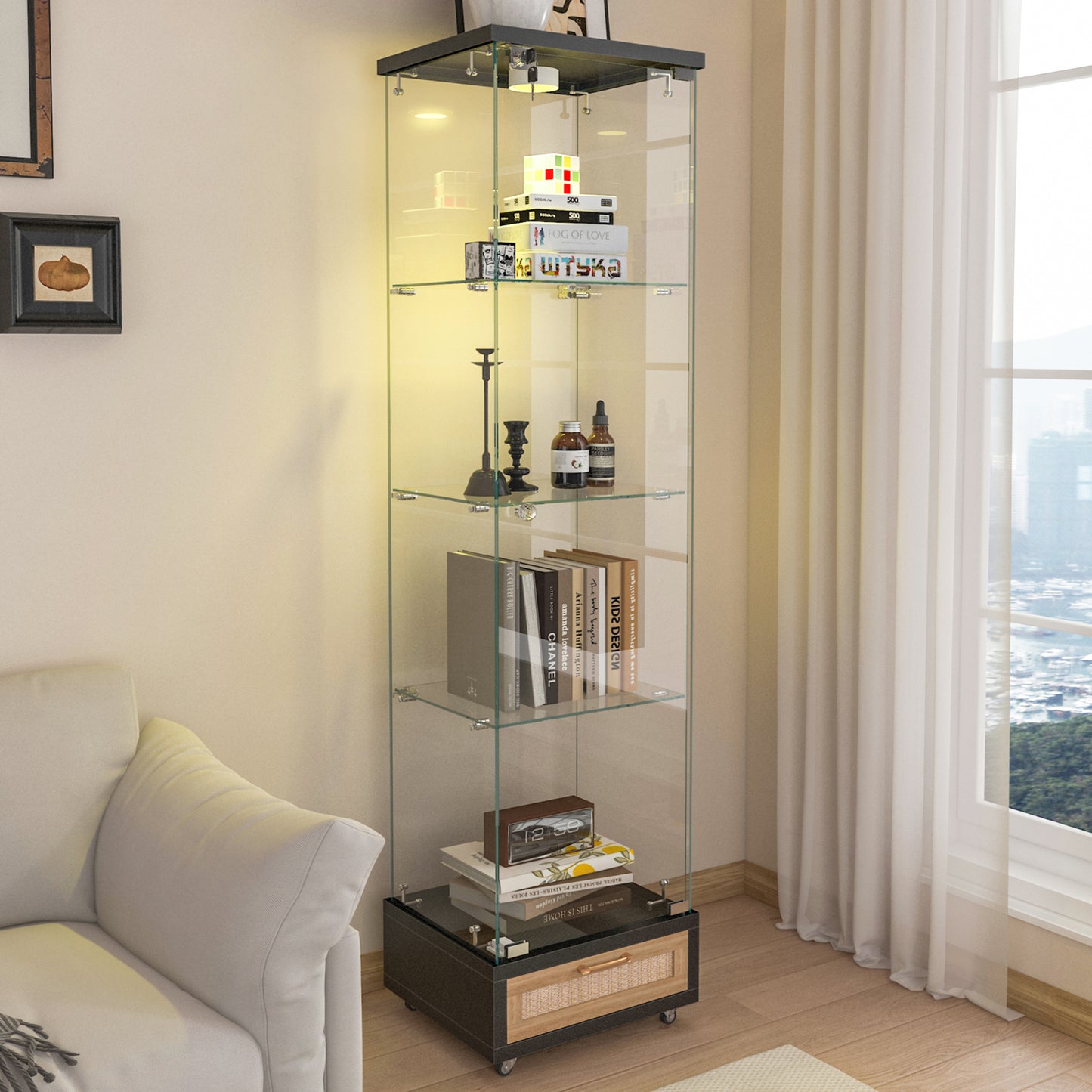 Modern Glass Display Cabinet With Drawer , Quick-assembly Antique Cabinet With LED Lights, Tempered Glass Bookshelf, 1-Door Storage Case With 4 Shelves For Living Room And Bedroom, Black And Natural