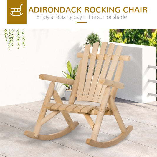 Outdoor Wooden Rocking Chair, Single-Person Rustic Adirondack Rocker With Slatted Seat, High Backrest, Armrests For Patio, Garden And Porch, Natural