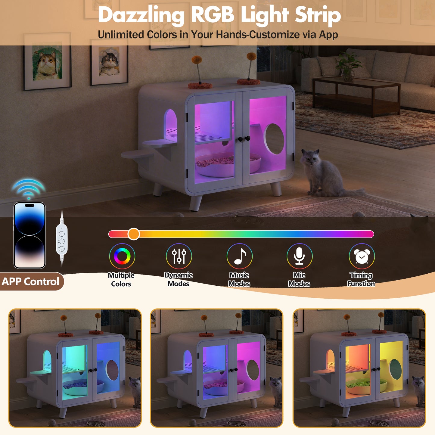 Cat Hidden Litter Box Enclosure With RGB LED Light, Cat House With Stairs And Cat Pom-pom Toys For Fun, Cat Washroom Cabinet With Litter Leak Walkway And Glass Doors For Better View,White
