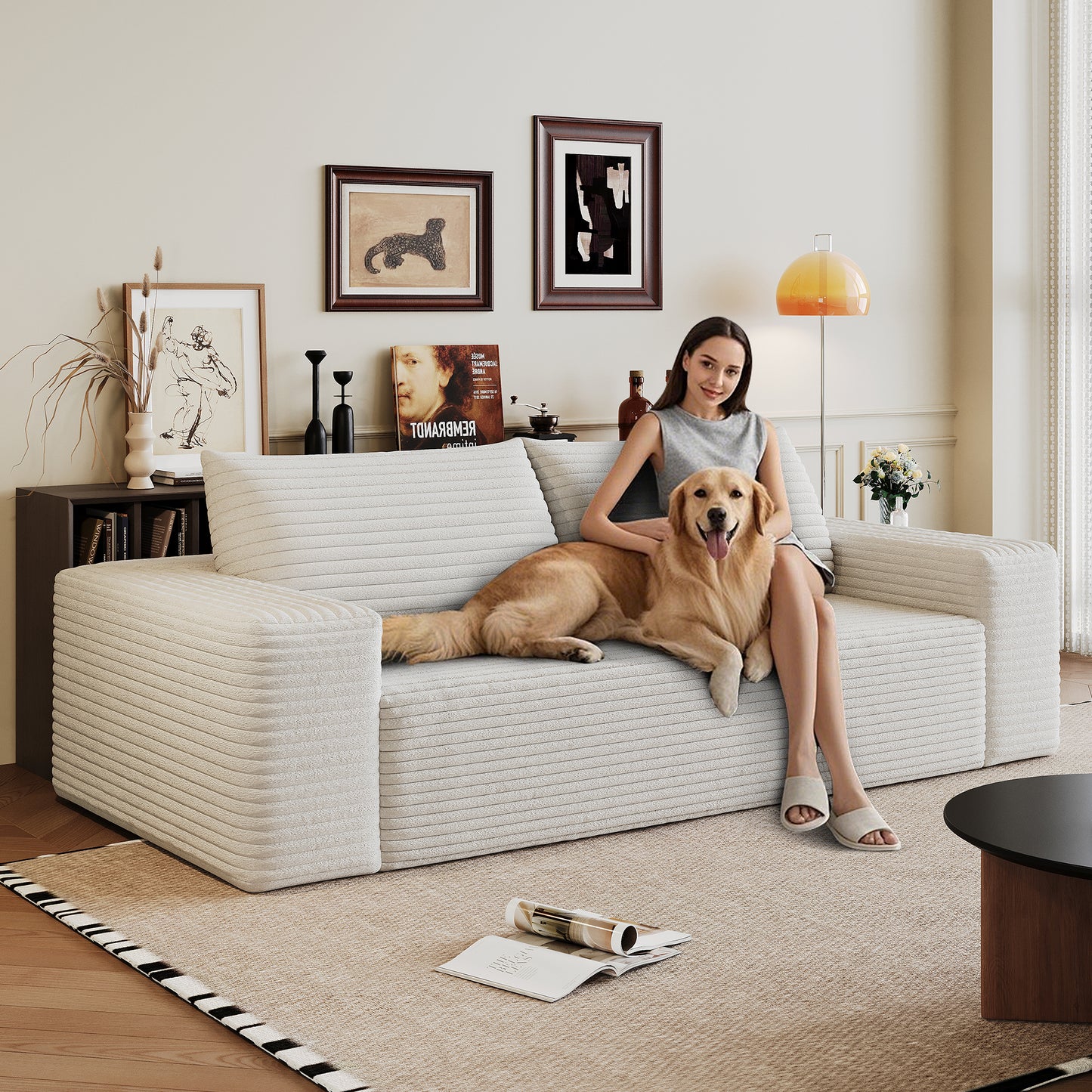 71 3Setaser Sofa,Corduroy Fabric,Deep Seat Couches,Comfy Loveseat Sofa,No Assembly,1pcs For Living Room, Bedroom,Conference Room ,Apartment,White