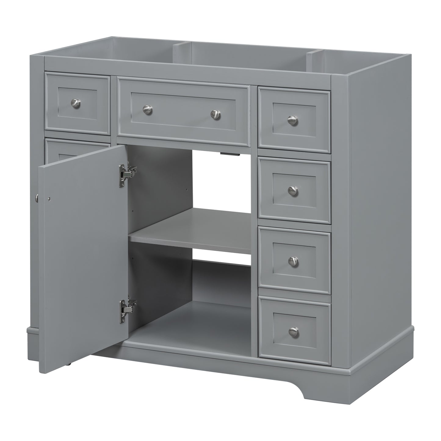 36 Bathroom Vanity Without Sink, Cabinet Base Only, One Cabinet And Six Drawers, Grey
