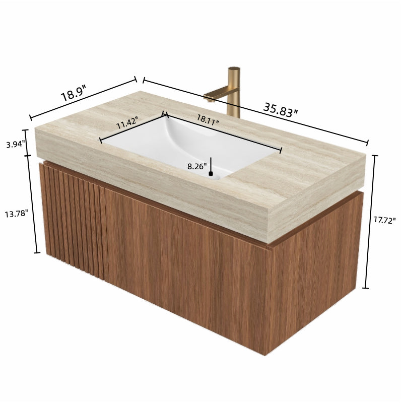 MURI 36 Bathroom Vanity&Sink, Floating Plywood Storage Cabinet With Drawer&Door, Roma Travertine Sintered Stone Top&Ceramic Basin With 1 Pre-drilled Faucet Hole, Pre-assembled, Brown Oak Woodgrain