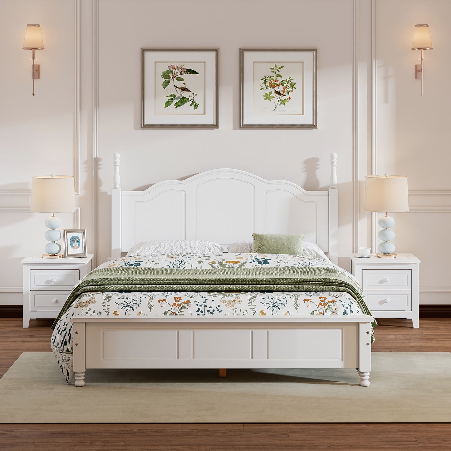3-Pieces Bedroom Sets,Queen Size Wood Platform Bed And Two Nightstands-White