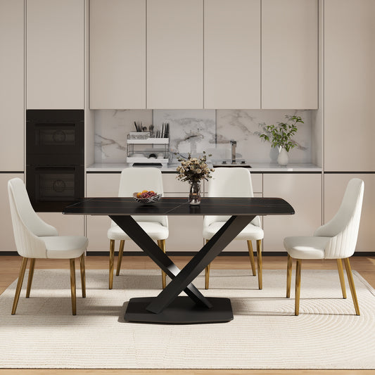 63 Modern Artificial Stone Black Curved Black Metal Leg Dining Table -6 People