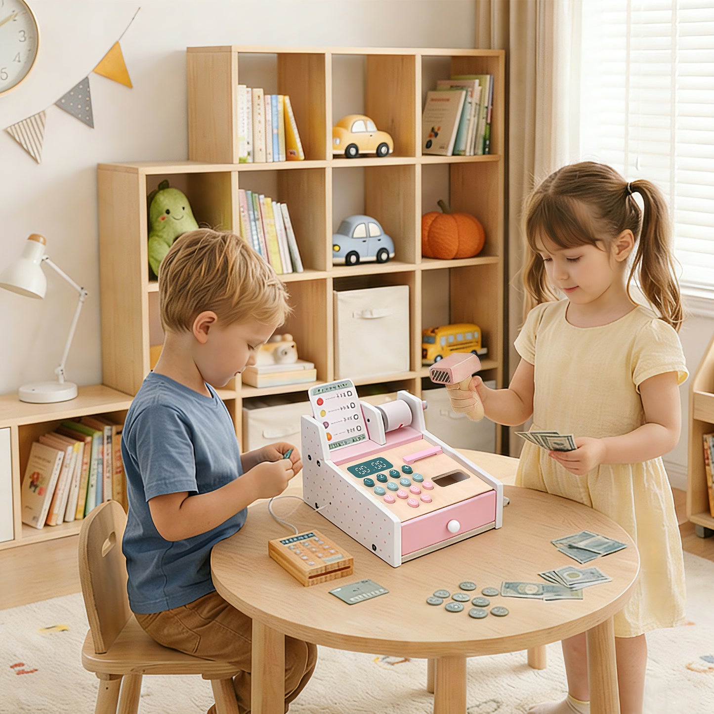 Wooden Toy Cash Register With Scanner Math Learning Role Play Cashier Game Set For Kids Pink