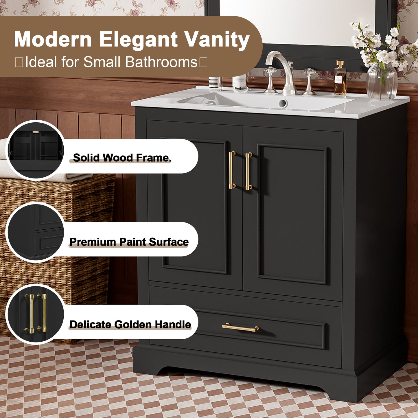 30 Bathroom Vanity With Sink, MDF And Solid Wood Frame, 1 Divider Drawer And 2 Soft-close Doors Double Shelf On Door , Freestanding Vanity