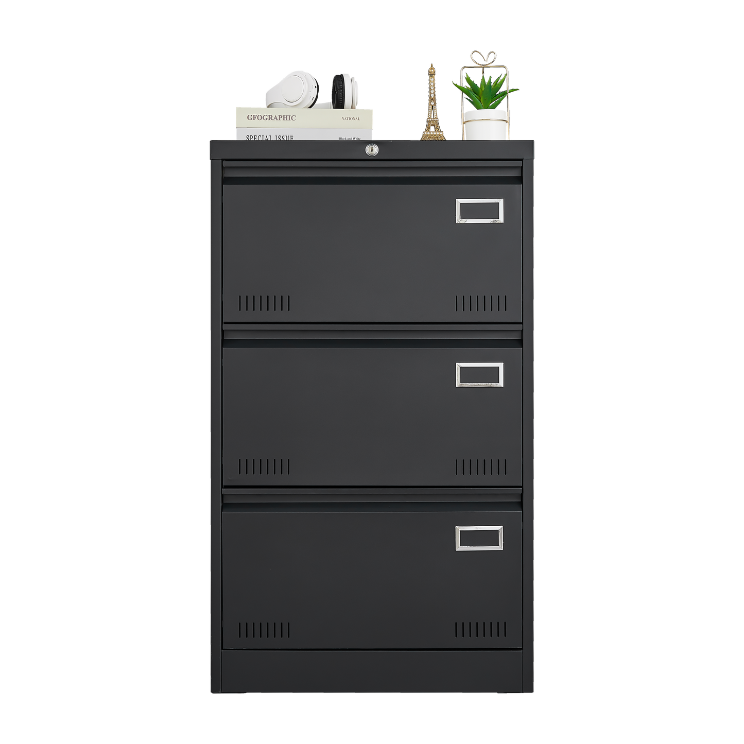 Filing Cabinet Lateral File Cabinet 3 Drawer, Blcak Locking Metal File Cabinets Three Drawer, Office Filing Cabinet With Lock Drawers For Home Office Legal Letter A4 F4