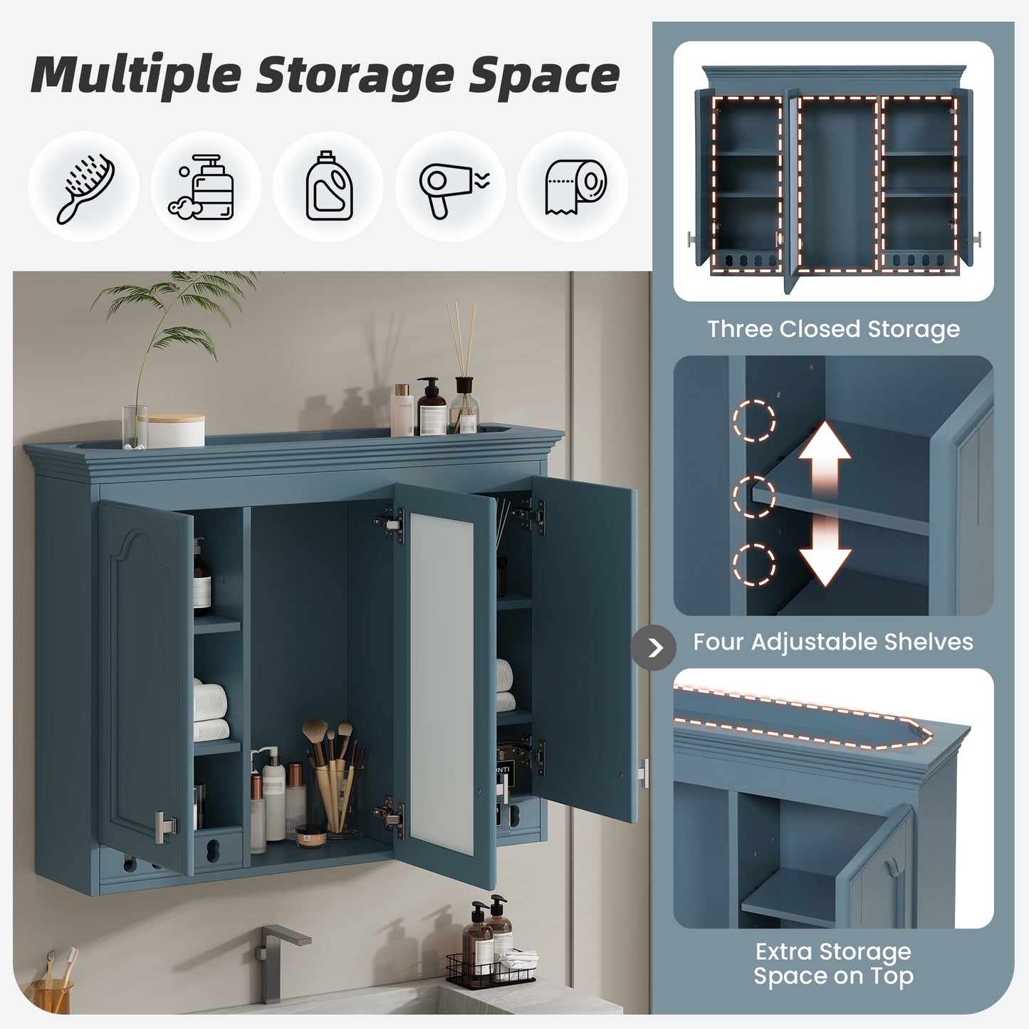 35 Inch Wall-Mount All-in-One Mirror Cabinet With Adjustable Shelves, Soft-Closing Hinges, For Bathroom Vanity, Living Room, Bedroom Storage Organizer