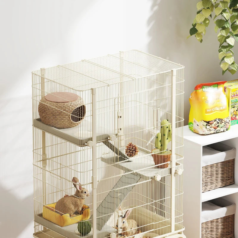 47inch Small Animal Cage, 4 Levels Large Rolling Metal Ferret Cage W 5.9Deep Tray, Ramps, Water Bottle, Food Dish, Beige