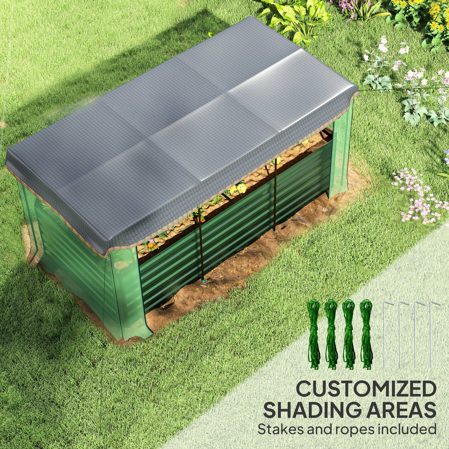 Galvanized Steel Planter Box With Crop Cage And Shade Cloth, Raised Garden Bed For Flowers, Veggies And Herbs, Green