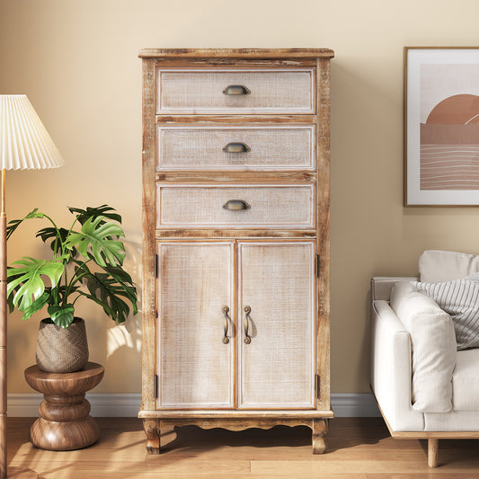 Rustic Wooden Storage Cabinet With Decorative Cutout Door & 3 Drawers, Tall Narrow Organizer For Living Room, Bedroom Antique White