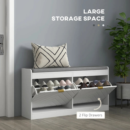 Narrow Storage Bench, Upholstered Entry Way Bench, Shoe Rack Bench With 2 Flip Drawers, 2 Vents For 8 Pairs Of Shoes