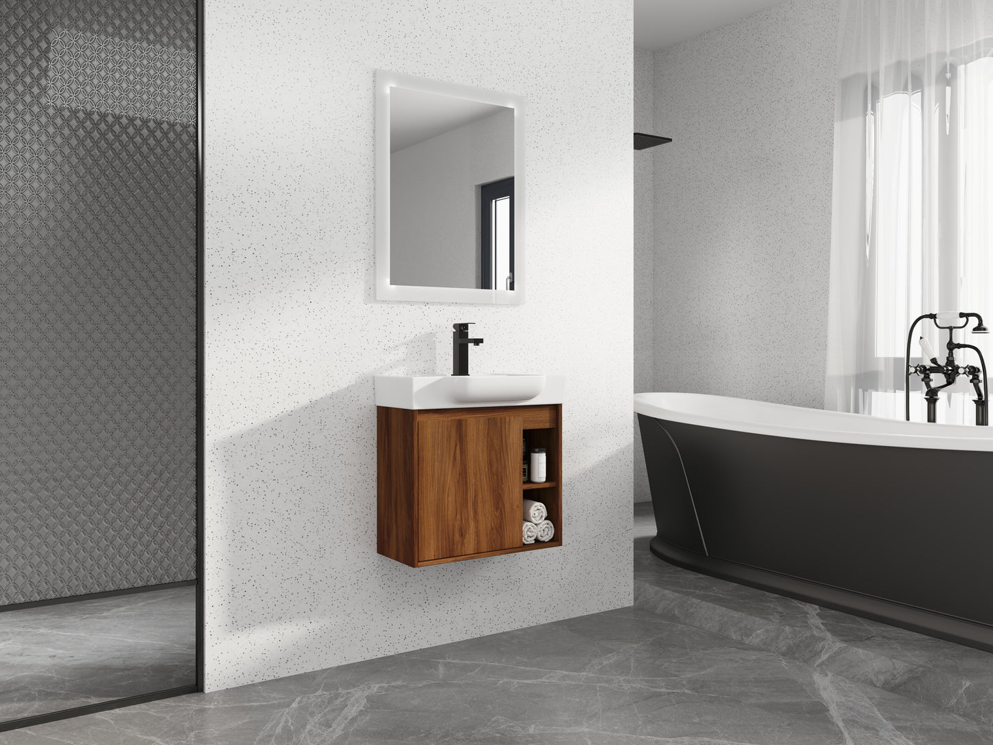 24 Wall-Mounted Bathroom Vanity With White Ceramic Sink & Soft-Close Door, KD-Packing