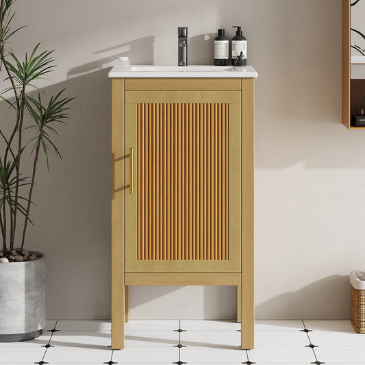 18 Bathroom Cabinet With Storage, Small Space Solution With Ceramic Sink, Adjustable Shelf, Soft-Closing Hinges