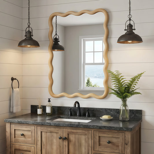 Oak Color 20x30 Wavy Rectangle Solid Wood Frame Decorative Mirror,For Bedroom, Bathroom, Living Room, Entryway