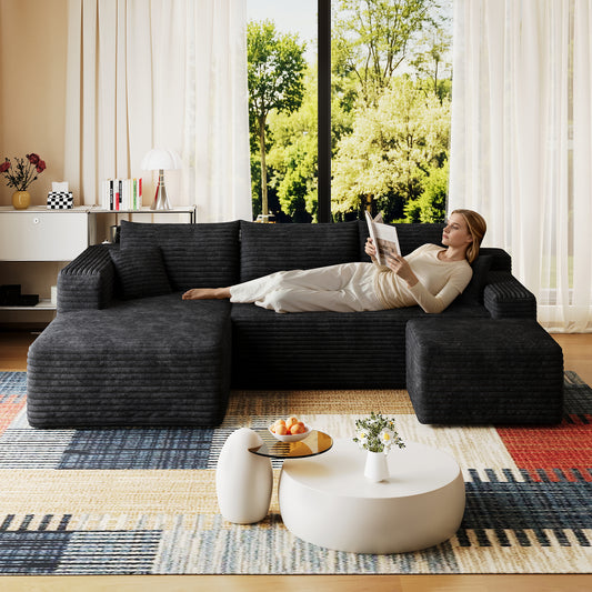 95 Cloud Sectional Sofa With 1 Ottoman,Modern Minimalist Upholstered Couches, Comfort U Shaped Sofa For Living Room,Deep Seat Corner Couch,No Assembly Required,Black Plush Corduroy Fabric