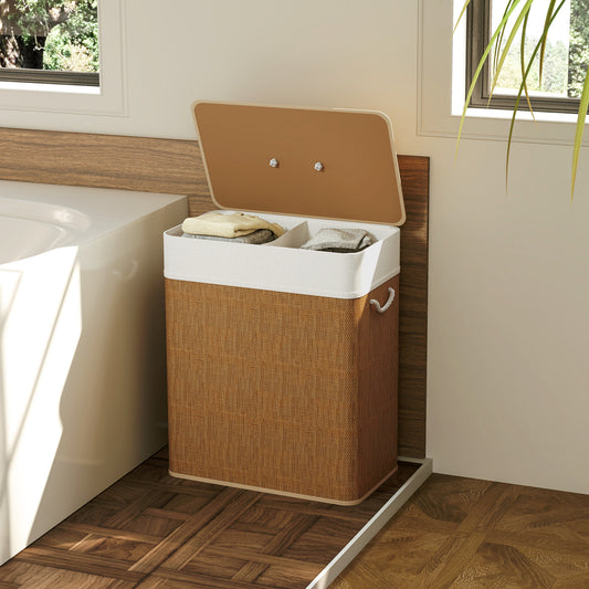 Double Laundry Basket With Lid, 26.4 Gallon Bamboo Laundry Hamper With Rope Handles And Removable Liner, Brown