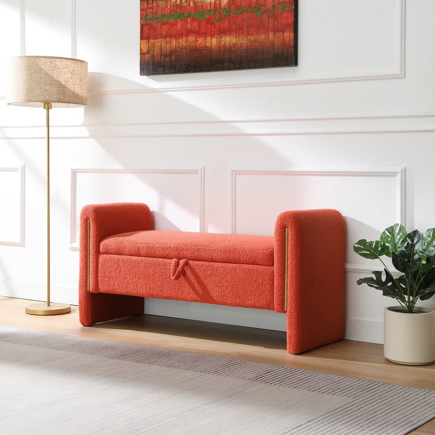 Modern Teddy Bed End Bench With Arms And Storage,Upholstered Large Foot Rest Stool, Comfy Window Vanity Bench For Living Room,Bedroom,Dorm,Coffee Table,Teddy Orange