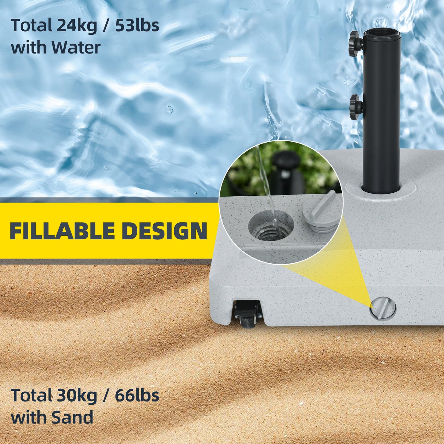 Patio Umbrella Base With Wheels, 53lbs Water Or 66lbs Sand Filled, Heavy Duty Outdoor Umbrella Stand Holder, Gray