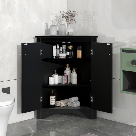 Black Triangle Bathroom Storage Cabinet With Adjustable Shelves, Freestanding Floor Cabinet For Home Kitchen