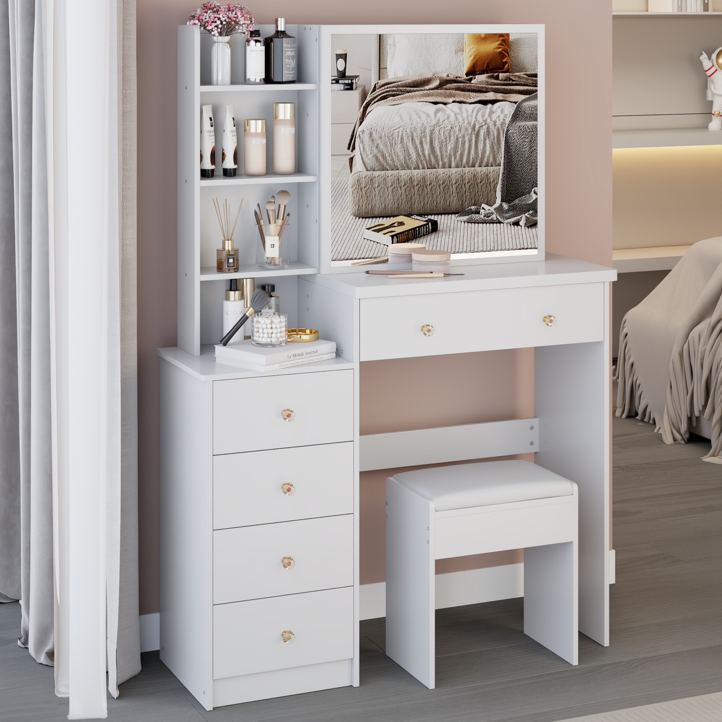 37 Middle Size Left Bedside Cabinet Vanity Table Cushioned Stool, Extra Large Right Sliding Mirror, Multi Layer High Capacity Storage, Practical Fashionable Dresser, Suitable For Large Space
